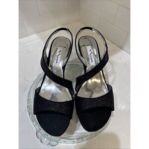 NINA Womens Dress Shoes Black Glitter Strappy Heels Pumps Size 8 M